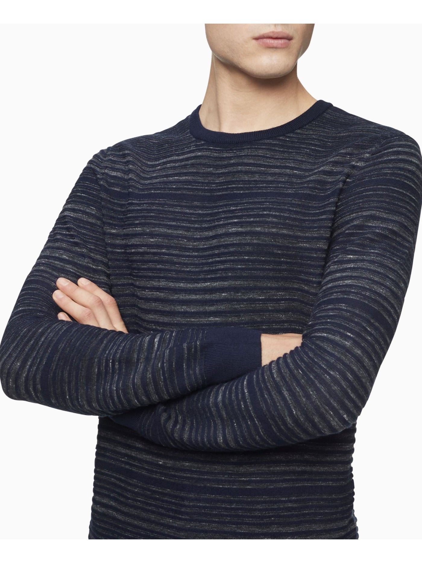 CALVIN KLEIN Mens Navy Striped Crew Neck Pullover Sweater M