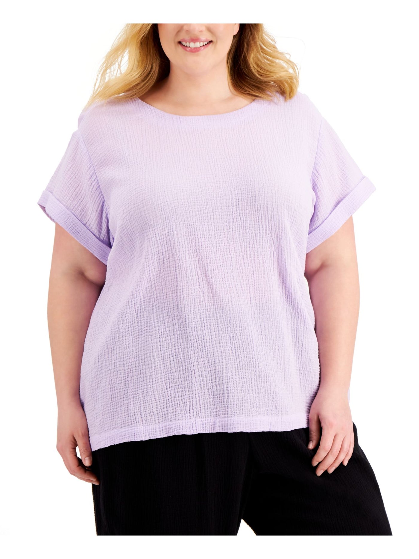 CALVIN KLEIN Womens Purple Textured Short Cuffed Sleeves Scoop Neck Wear To Work Top Plus 2X