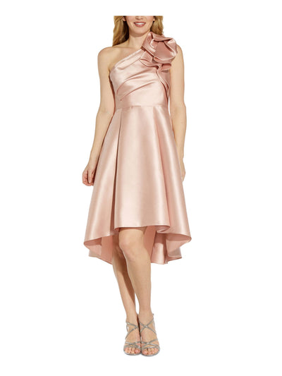 ADRIANNA PAPELL Womens Pink Ruffled Pleated Zippered Pocketed Sleeveless Asymmetrical Neckline Midi Cocktail Hi-Lo Dress 18