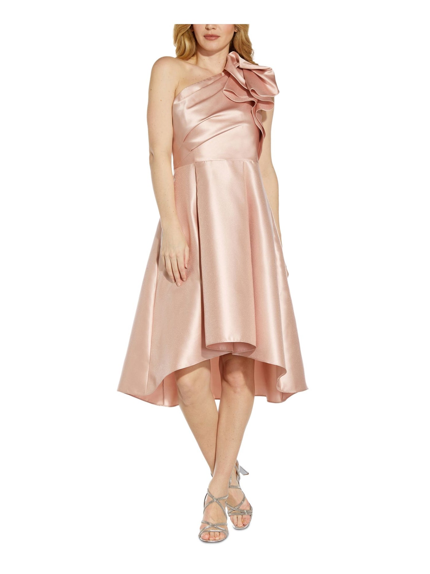 ADRIANNA PAPELL Womens Pink Ruffled Pleated Zippered Pocketed Sleeveless Asymmetrical Neckline Midi Cocktail Hi-Lo Dress 12
