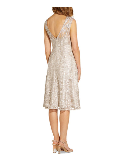 ADRIANNA PAPELL Womens Beige Embroidered Zippered Sequined Lined Sleeveless Illusion Neckline Knee Length Evening Fit + Flare Dress 10