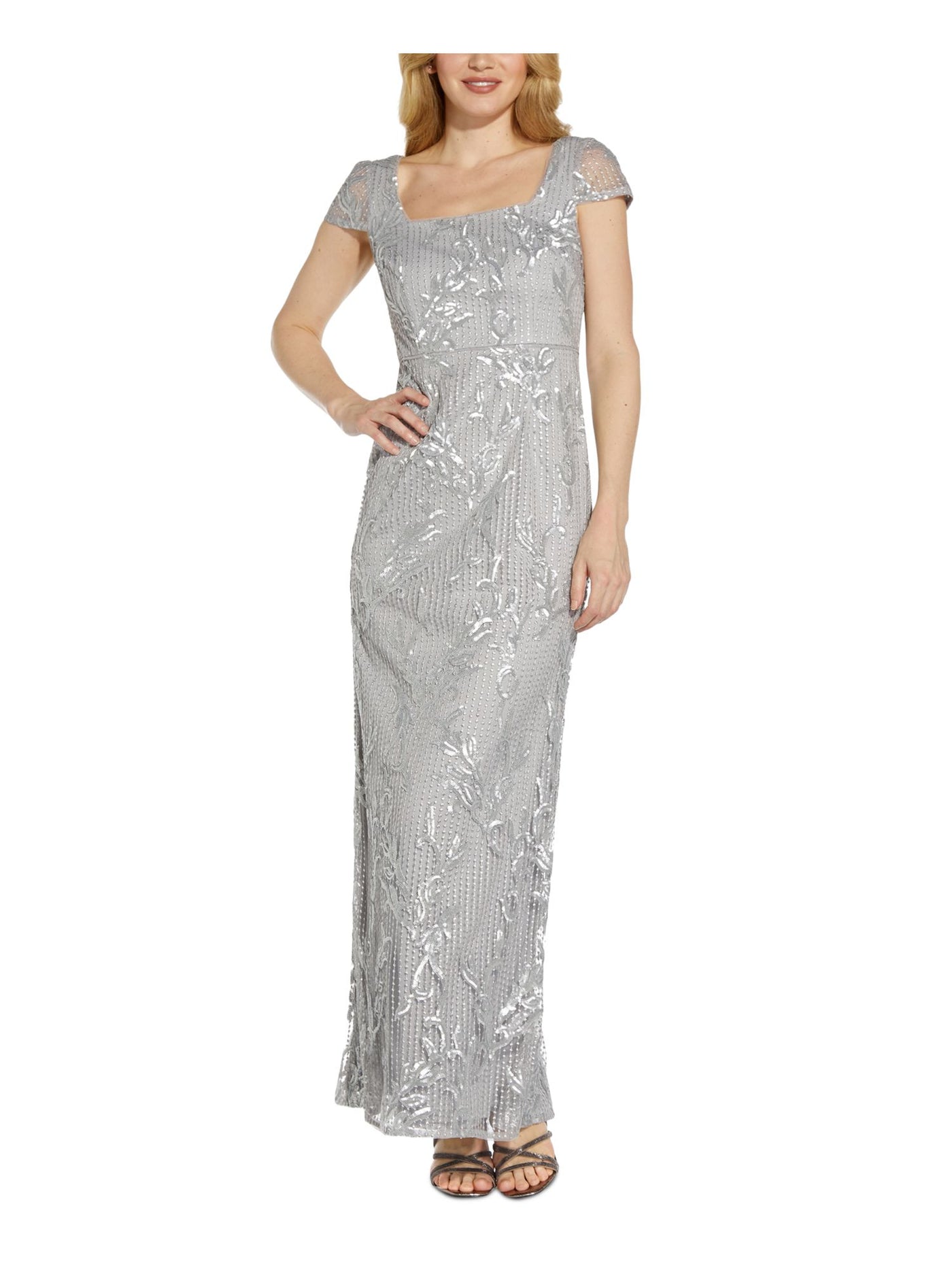 ADRIANNA PAPELL Womens Silver Zippered Embellished Gown Cap Sleeve Square Neck Maxi Formal Mermaid Dress 0