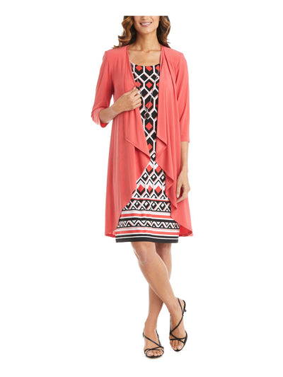 R&M RICHARDS PETITE Womens Coral Textured Open Front 3/4 Sleeve Jacket Printed Sleeveless Round Neck Above The Knee Wear To Work Shift Dress Petites 4P