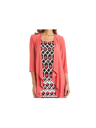 R&M RICHARDS PETITE Womens Coral Textured Open Front 3/4 Sleeve Jacket Printed Sleeveless Round Neck Above The Knee Wear To Work Shift Dress Petites 4P
