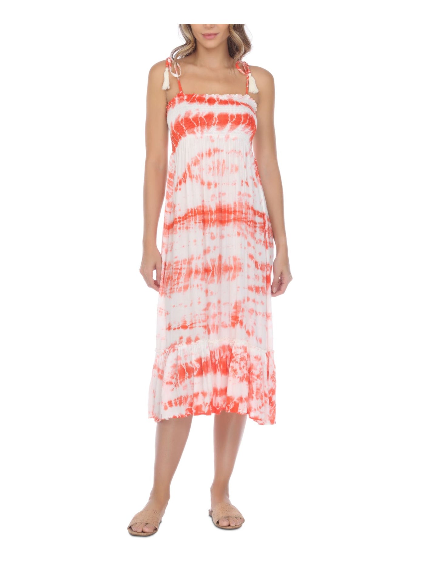 RAVIYA Women's Coral Tie Dye Stretch Tie Ruffled Midi Dress Smocked Adjustable Square Neck Swimsuit Cover Up M