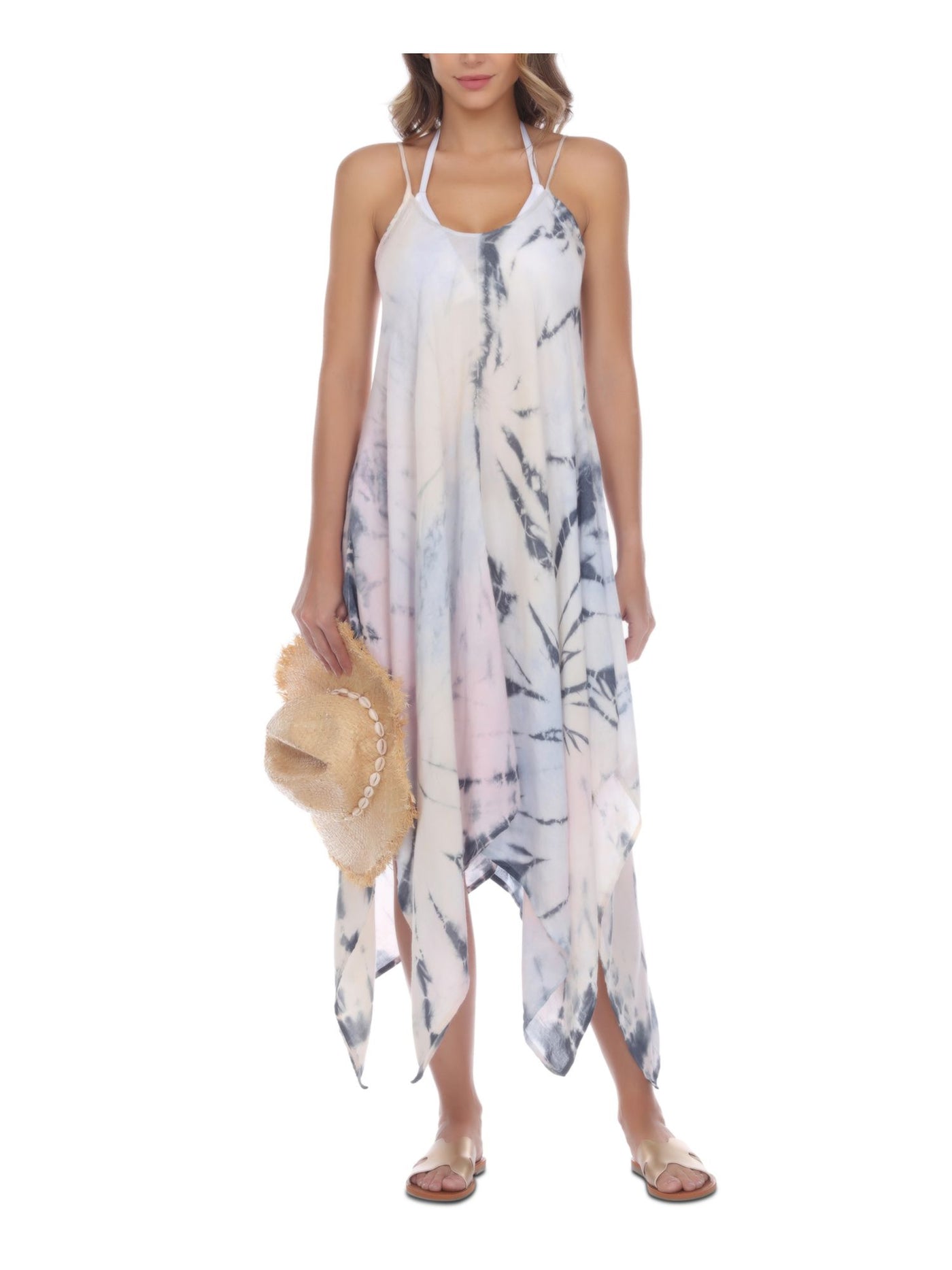 RAVIYA Women's White Tie Dye Handkerchief Hem Maxi Deep V Neck Adjustable Swimsuit Cover Up S