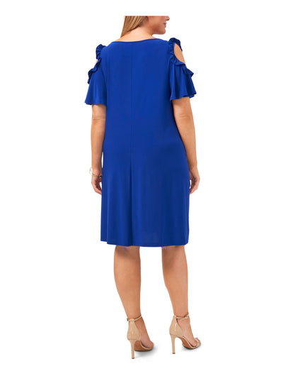 MSK Womens Blue Stretch Cold Shoulder Ruffled Pullover Styling Jersey Knit Flutter Sleeve V Neck Above The Knee Evening Fit + Flare Dress Plus 2X