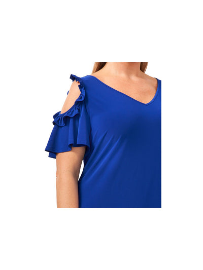 MSK Womens Blue Stretch Cold Shoulder Ruffled Pullover Styling Jersey Knit Flutter Sleeve V Neck Above The Knee Evening Fit + Flare Dress Plus 3X