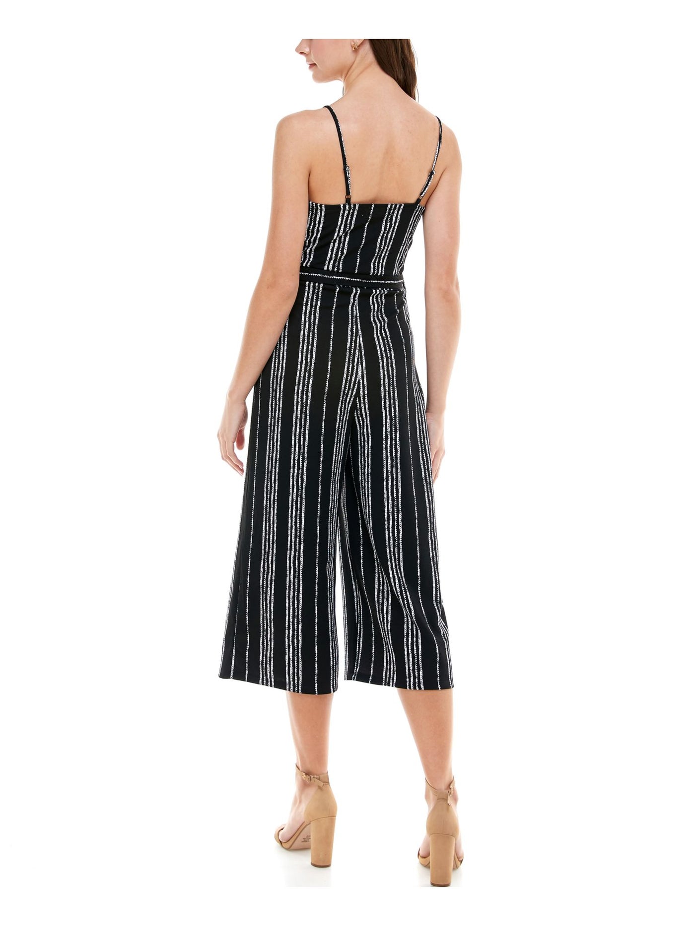 ALMOST FAMOUS Womens Black Stretch Belted Striped Spaghetti Strap Sweetheart Neckline Evening Cropped Jumpsuit Juniors L