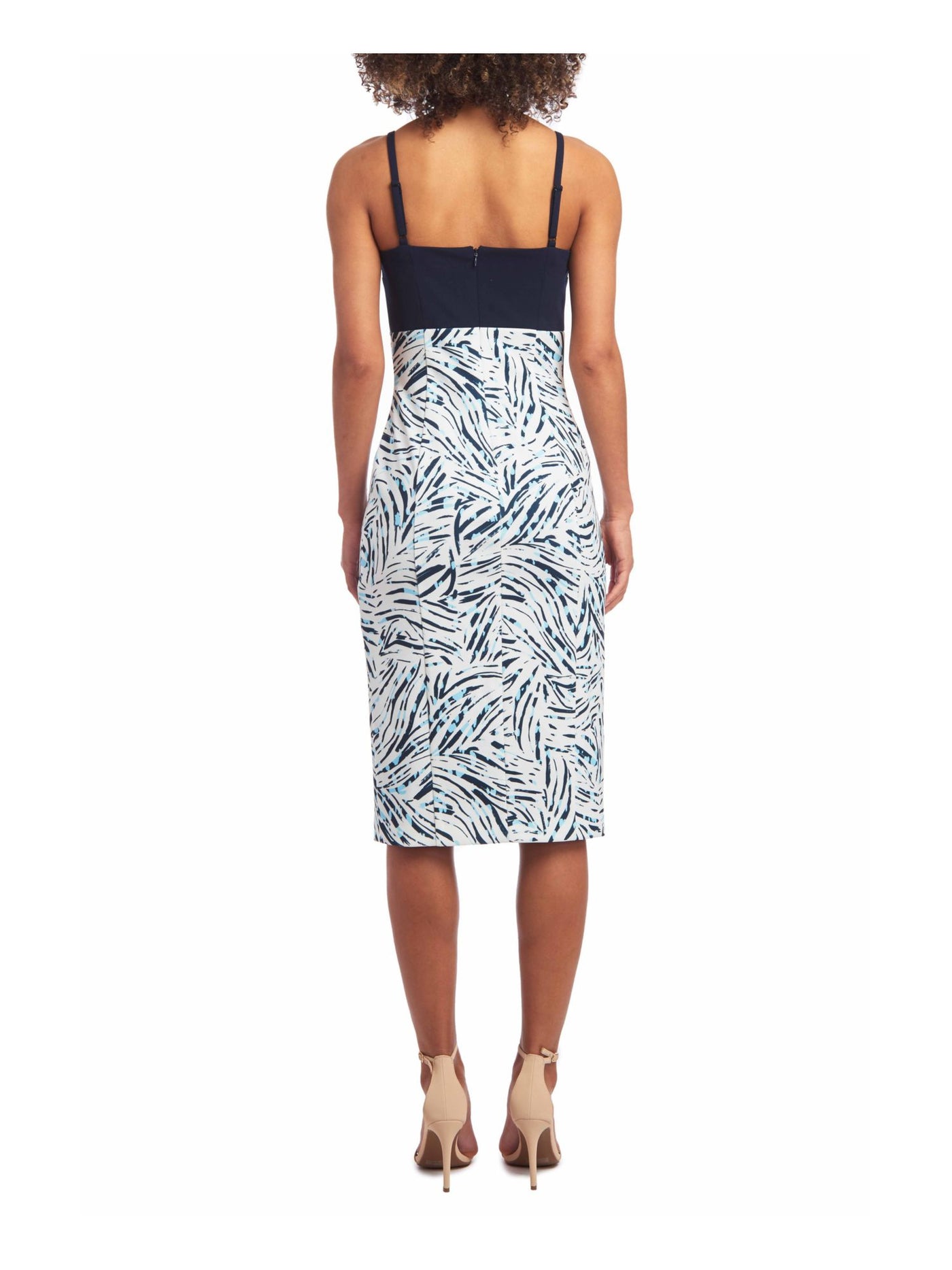 CHRISTIAN SIRIANO Womens Navy Zippered Slitted Adjustable Straps Printed Spaghetti Strap Sweetheart Neckline Below The Knee Evening Sheath Dress M