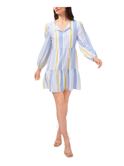 RILEY&RAE Womens White Tie Striped Blouson Sleeve Split Short Party Fit + Flare Dress S