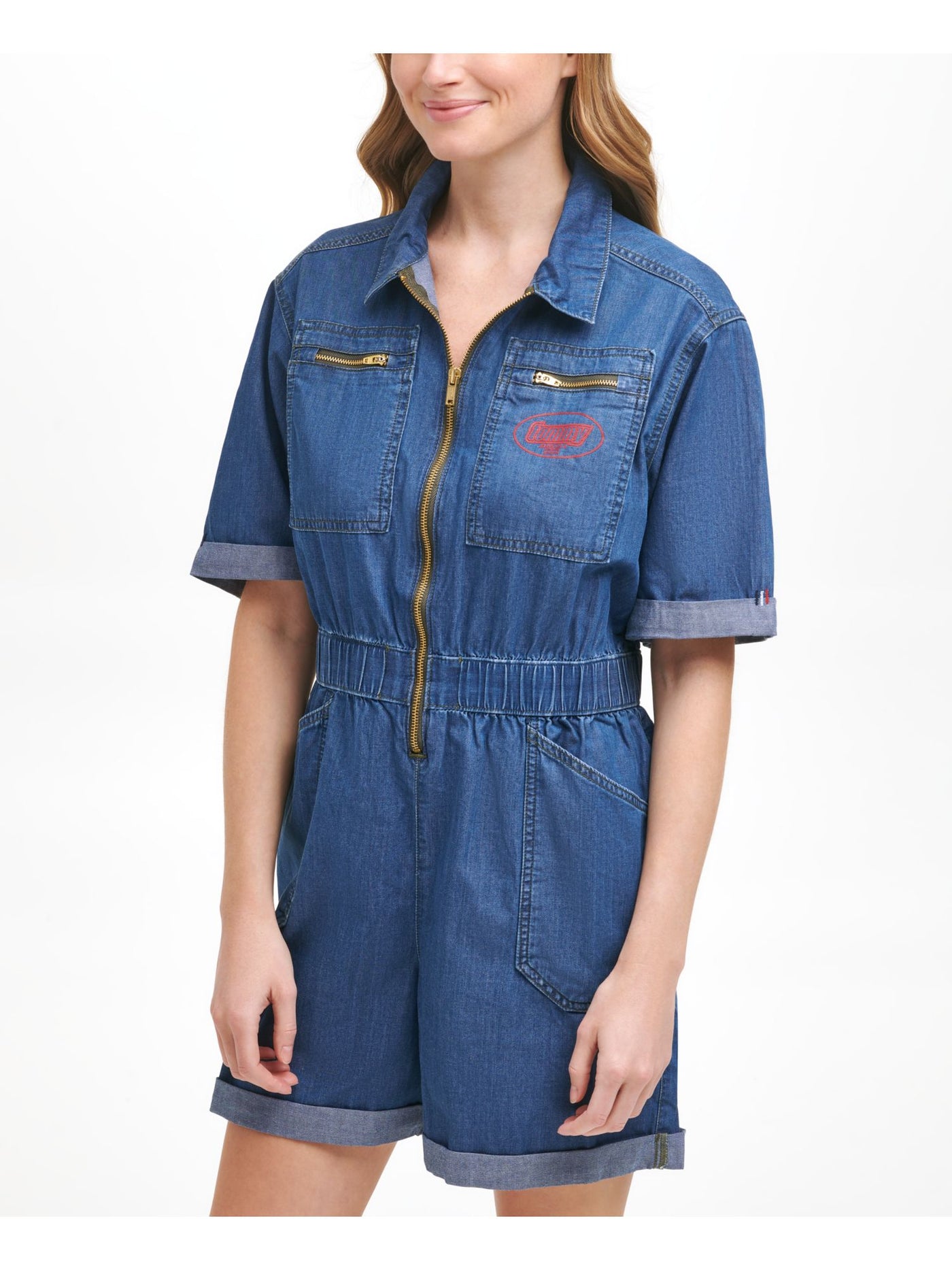 TOMMY JEANS Womens Blue Denim Zippered Pocketed Elastic-waist Logo Graphic Elbow Sleeve Collared Romper M