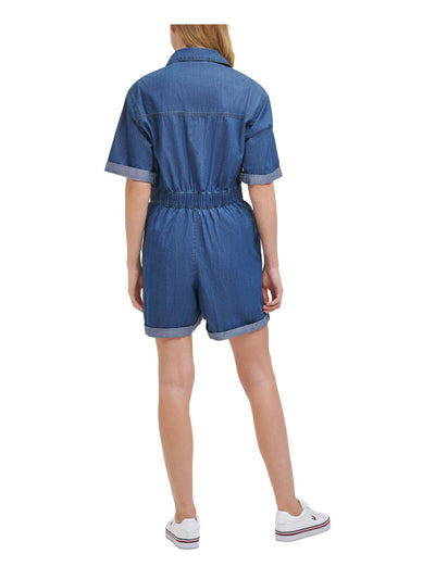 TOMMY JEANS Womens Blue Denim Zippered Pocketed Elastic-waist Logo Graphic Elbow Sleeve Collared Romper M