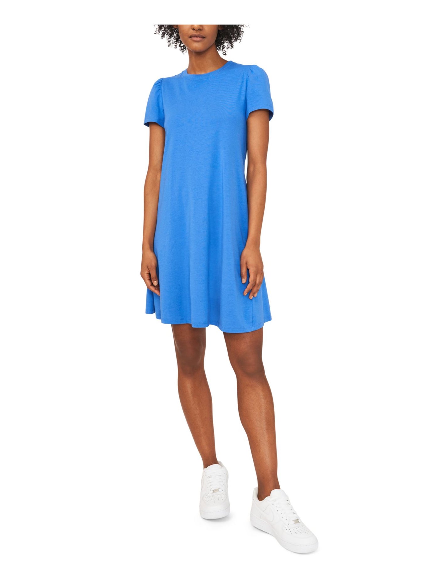 RILEY&RAE Womens Blue Stretch Ruched Pouf Sleeve Crew Neck Above The Knee Shift Dress M
