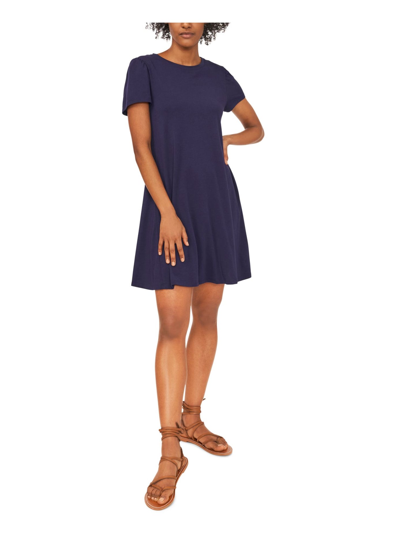 RILEY&RAE Womens Navy Stretch Ruched Pouf Sleeve Crew Neck Above The Knee Shift Dress M