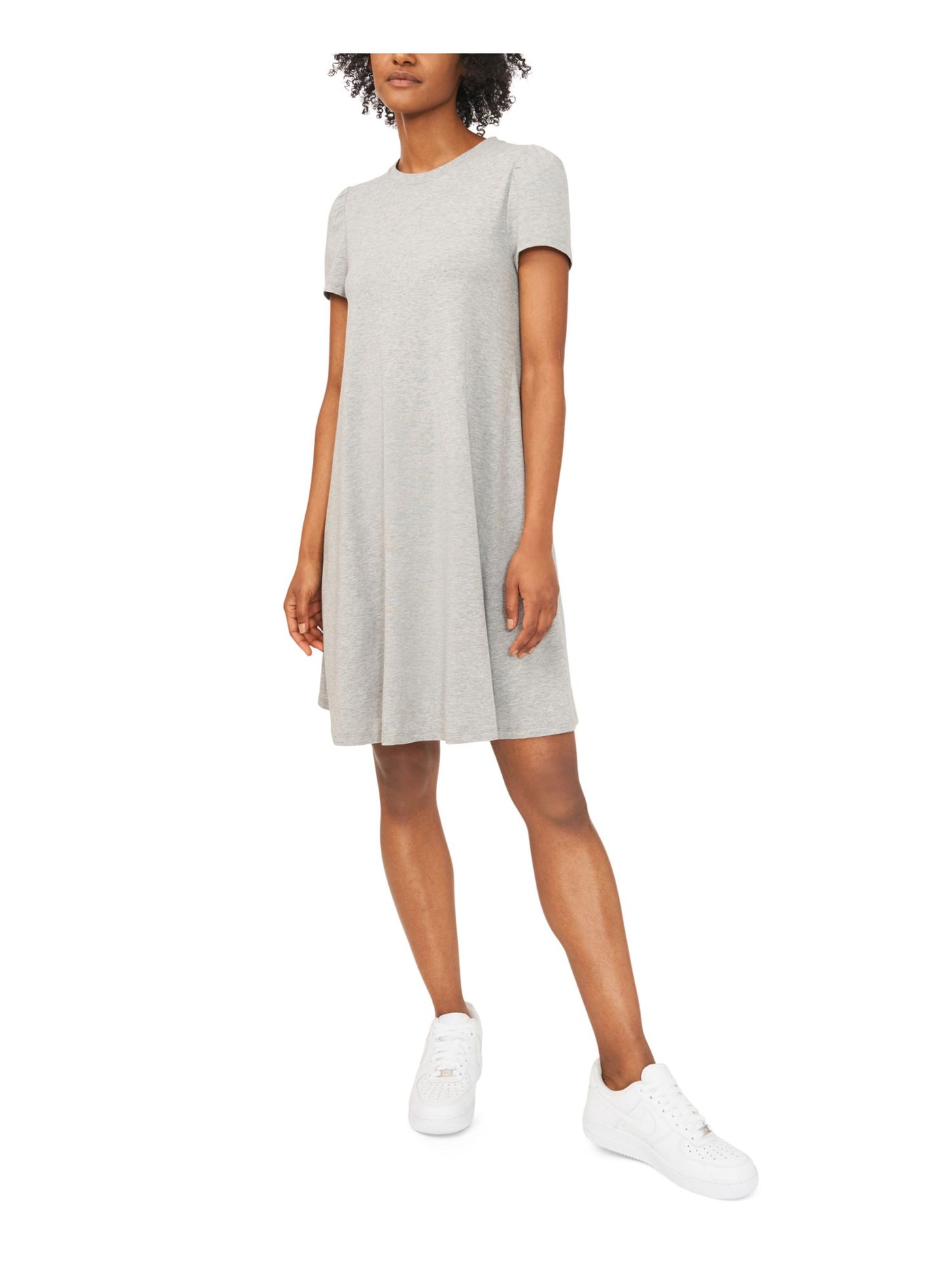 RILEY&RAE Womens Gray Stretch Ruched Heather Pouf Sleeve Crew Neck Above The Knee Shift Dress M