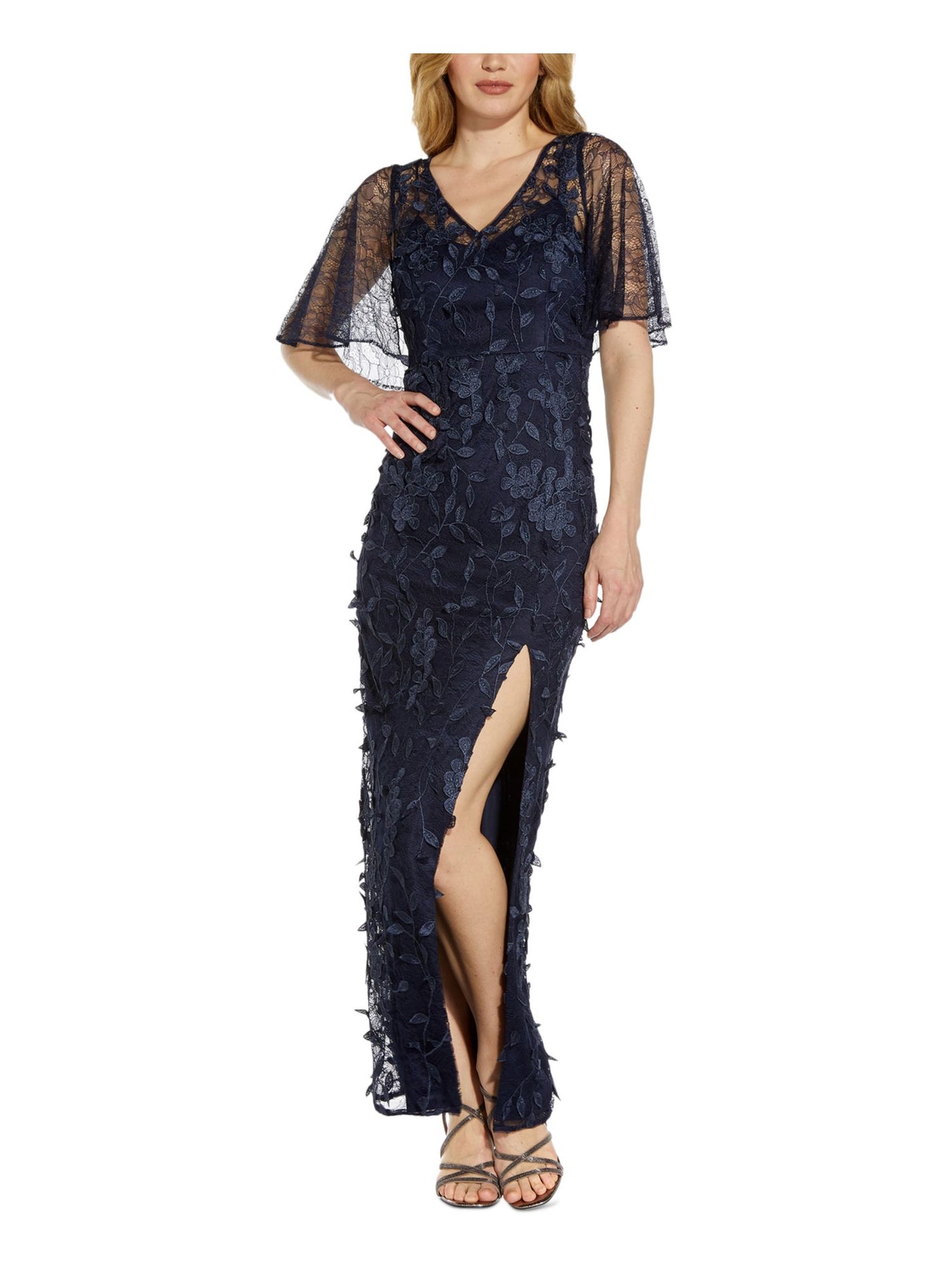 ADRIANNA PAPELL Womens Navy Zippered Lace Side Slit  Lined Floral Flutter Sleeve V Neck Maxi Formal Dress 8