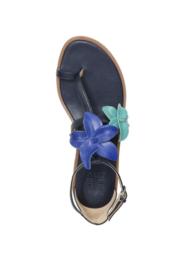 NATURALIZER Womens Navy Ankle Strap Flower Accents Toe-Loop Padded Non-Slip Farah Round Toe Block Heel Buckle Thong Sandals Shoes 7.5 M