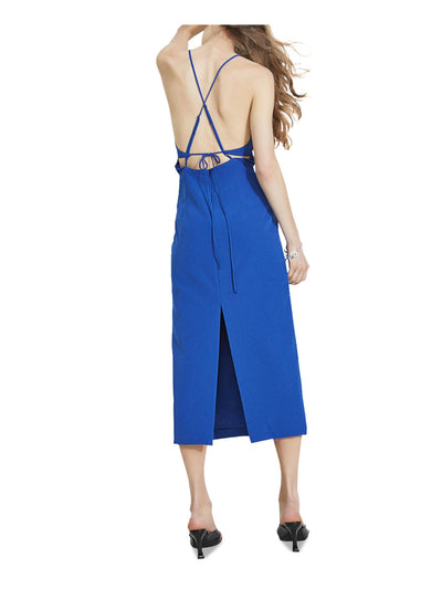 BARDOT Womens Blue Zippered Tie Open Strappy Back Slit In Back Spaghetti Strap V Neck Midi Party Sheath Dress 10\L