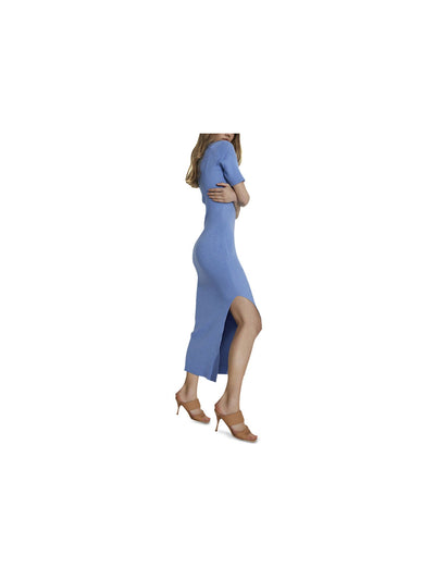 BARDOT Womens Light Blue Ribbed Collared Elongated Side Split Elbow Sleeve V Neck Maxi Sheath Dress XL
