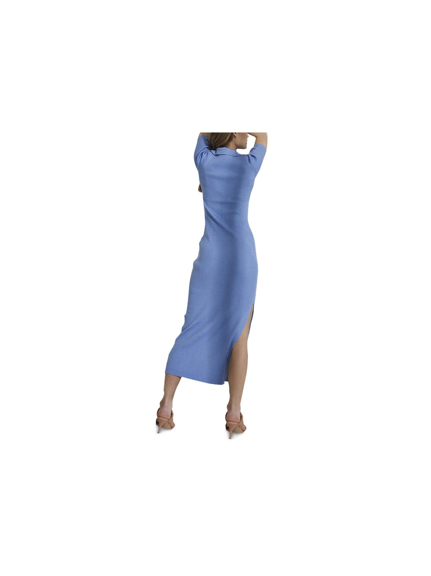 BARDOT Womens Blue Ribbed Collared Elongated Side Split Elbow Sleeve V Neck Maxi Sheath Dress L