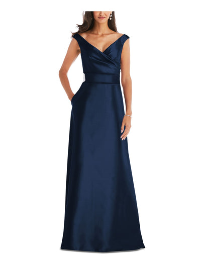ALFRED SUNG Womens Navy Pleated Zippered Pocketed Lined Cap Sleeve Off Shoulder Full-Length Evening Gown Dress 0