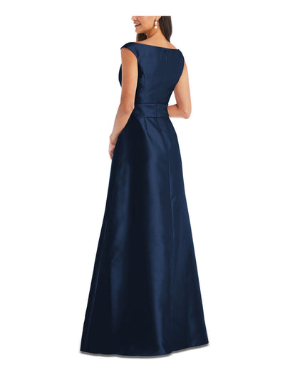 ALFRED SUNG Womens Navy Pleated Zippered Pocketed Lined Cap Sleeve Off Shoulder Full-Length Evening Gown Dress 0