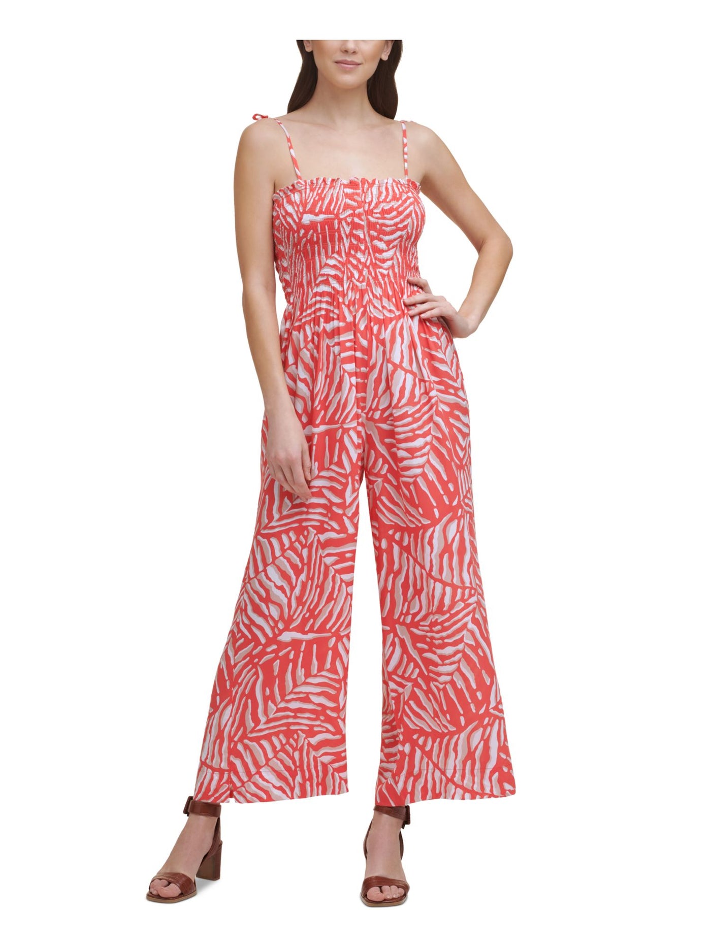 CALVIN KLEIN Womens Coral Smocked Tie Printed Spaghetti Strap Square Neck Cropped Jumpsuit 10