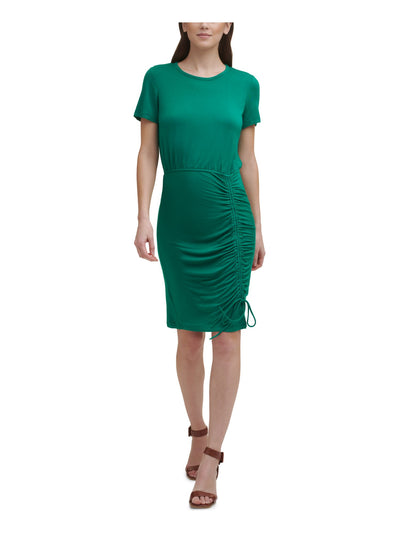 CALVIN KLEIN Womens Green Stretch Ruched Tie Pullover Styling Short Sleeve Round Neck Short Evening Sheath Dress 14