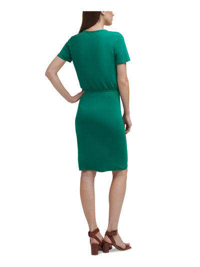 CALVIN KLEIN Womens Green Stretch Ruched Tie Pullover Styling Short Sleeve Round Neck Short Evening Sheath Dress 10