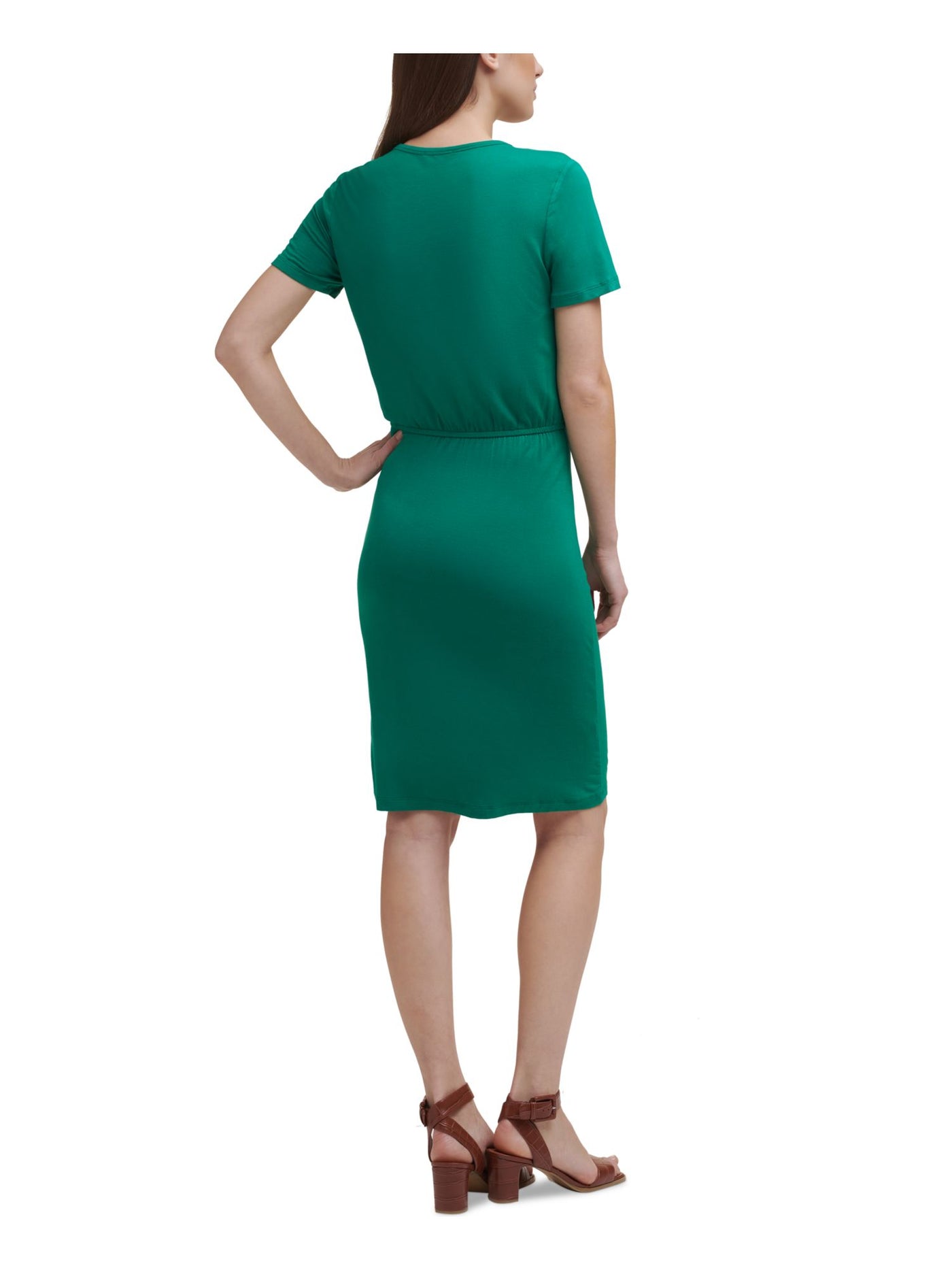 CALVIN KLEIN Womens Green Stretch Ruched Tie Pullover Styling Short Sleeve Round Neck Short Evening Sheath Dress 2