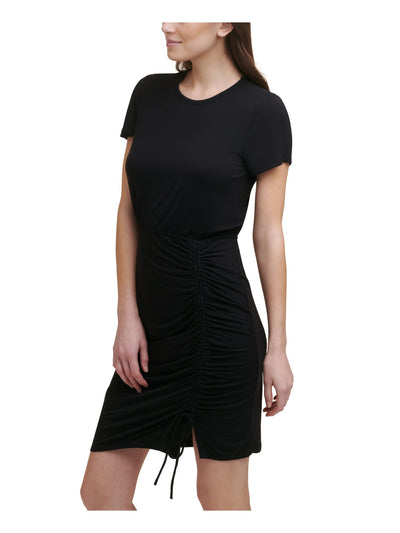 CALVIN KLEIN Womens Black Stretch Ruched Tie Pullover Styling Short Sleeve Round Neck Short Evening Sheath Dress 6
