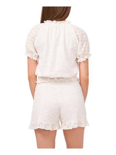 1. STATE Womens White Eyelet Ruffled Lined Tie At Waist Puff Sleeve Raglan Sleeve Round Neck Crop Top L