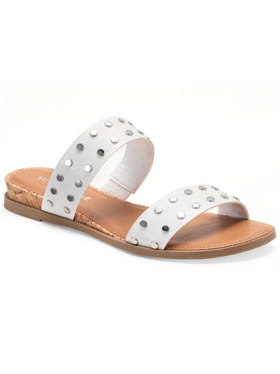 SUN STONE Womens White Cushioned Comfort Studded Slip Resistant Easten Round Toe Wedge Slip On Slide Sandals Shoes 7 M