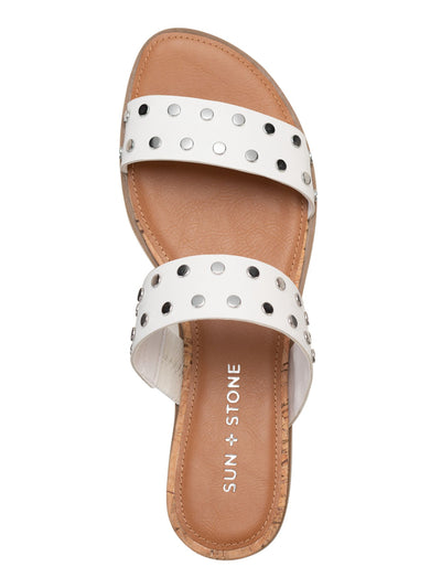 SUN STONE Womens White Cushioned Comfort Studded Slip Resistant Easten Round Toe Wedge Slip On Slide Sandals Shoes 9.5 M