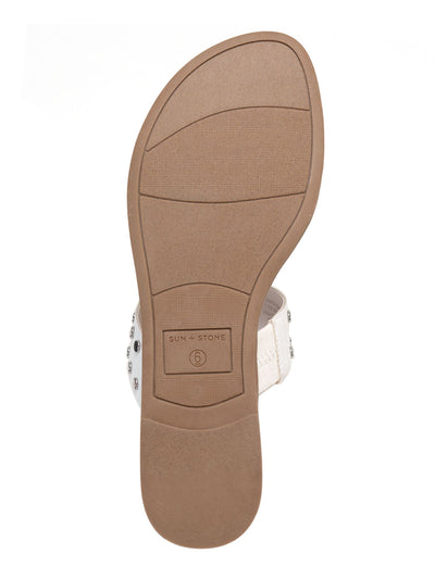 SUN STONE Womens White Cushioned Comfort Studded Slip Resistant Easten Round Toe Wedge Slip On Slide Sandals Shoes M