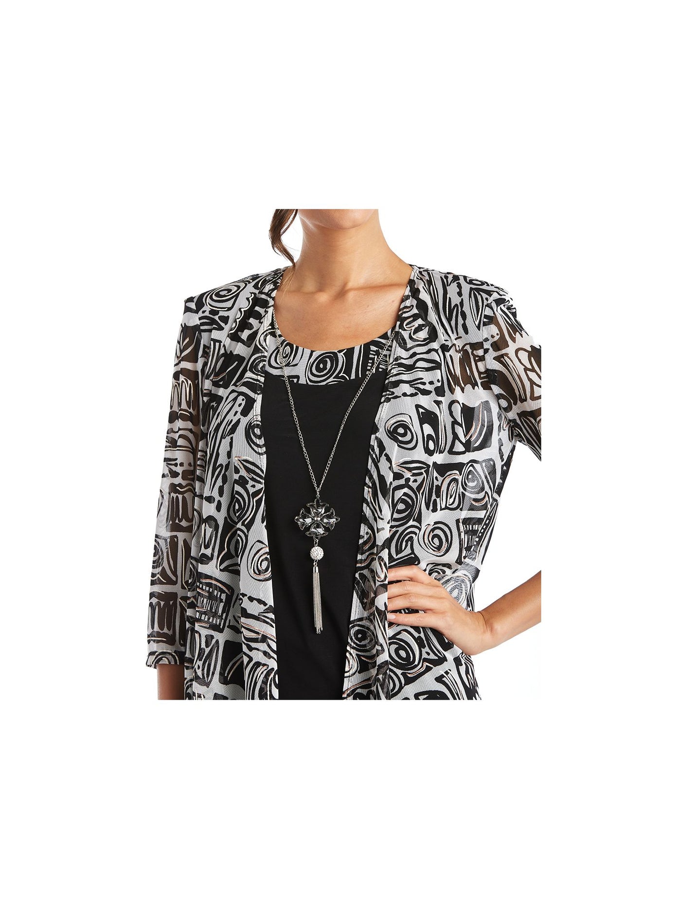 R&M RICHARDS Womens Black Sheer Printed 3/4 Sleeve Open Front Wear To Work Oversize Cardigan 6