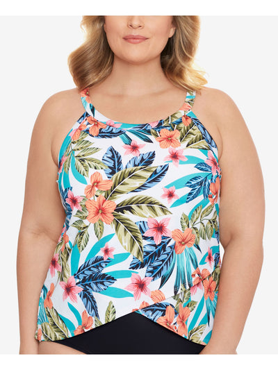 SWIM SOLUTIONS Women's White Tropical Print Stretch Adjustable Montego Bay Tankini Swimsuit Top 24W