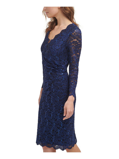 JESSICA HOWARD Womens Navy Stretch Sequined Zippered Scalloped Neck Cuffs And Hem Long Sleeve Surplice Neckline Knee Length Evening Sheath Dress 12