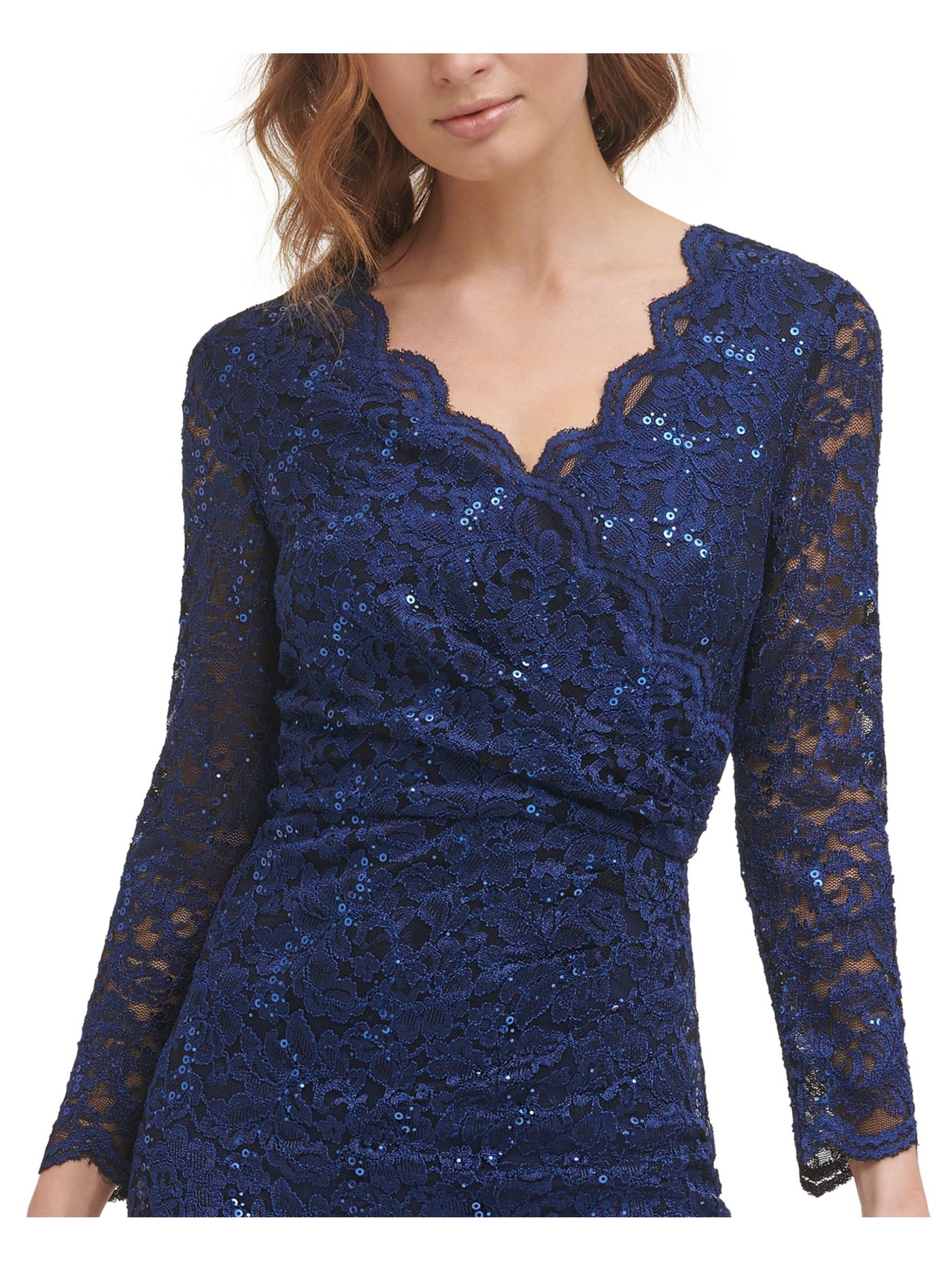 JESSICA HOWARD Womens Navy Stretch Sequined Zippered Scalloped Neck Cuffs And Hem Long Sleeve Surplice Neckline Knee Length Evening Sheath Dress 12