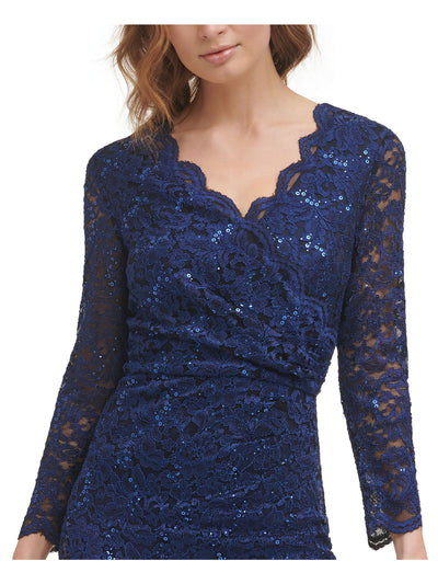 JESSICA HOWARD Womens Navy Stretch Sequined Zippered Scalloped Neck Cuffs And Hem Long Sleeve Surplice Neckline Knee Length Evening Sheath Dress 12