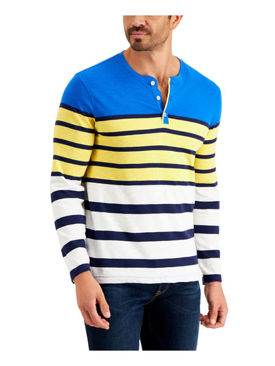 CLUBROOM Mens Blue Striped Classic Fit Henley Shirt M