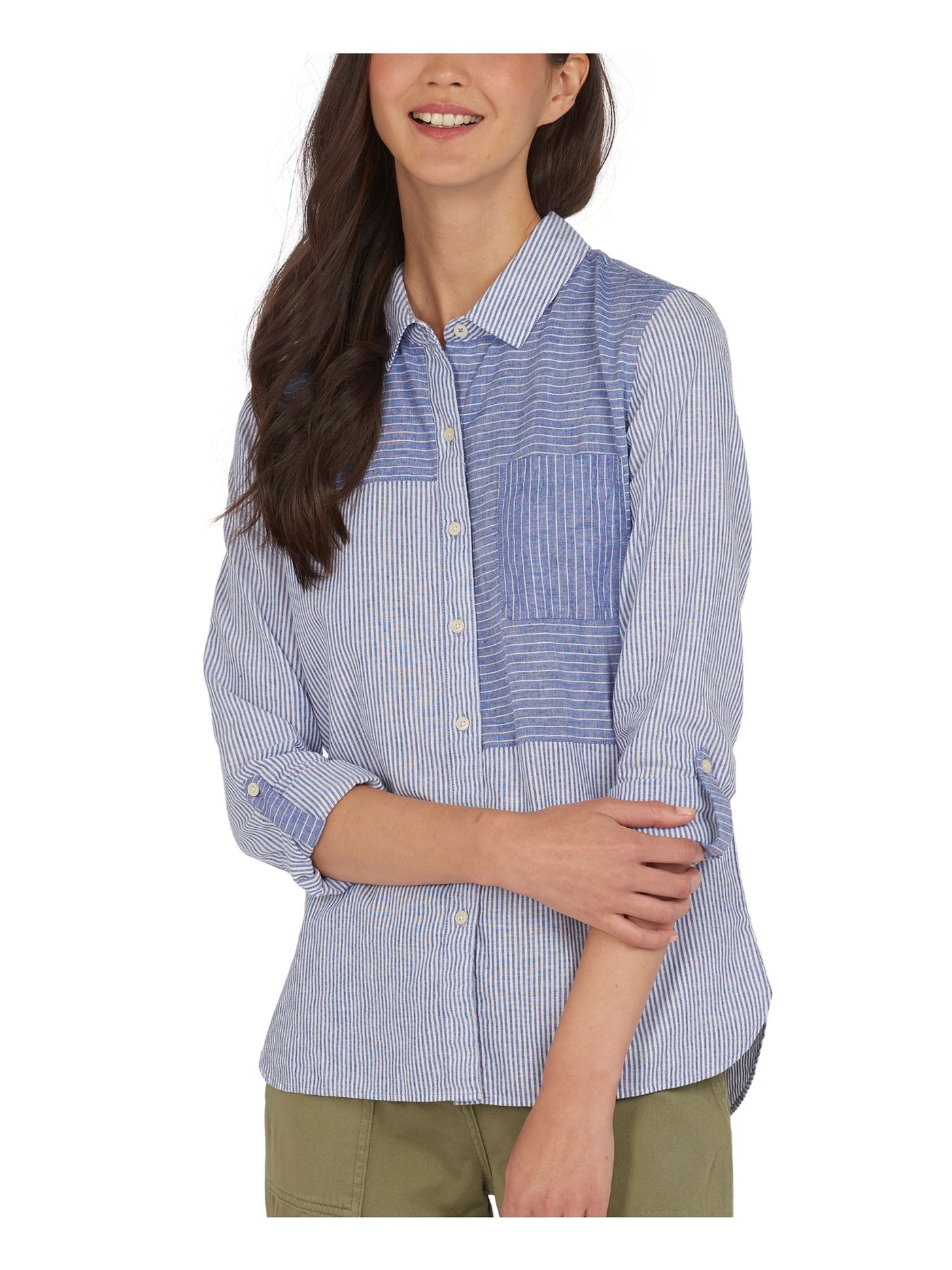 BARBOUR Womens Light Blue Roll-tab Sleeve Collared Button Up Top 4