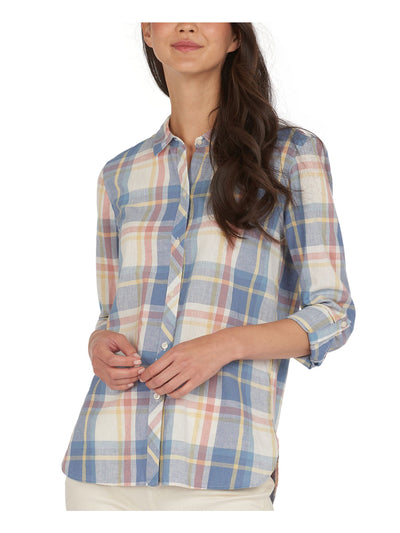 BARBOUR Womens Pink Plaid Collared Button Up Top 6