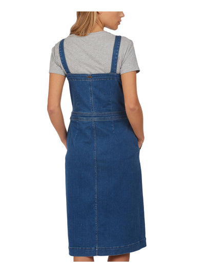 BARBOUR Womens Navy Stretch Pocketed Buttoned Pinafore Sleeveless Square Neck Knee Length Sheath Dress 12