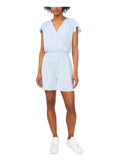 RILEY&RAE Womens Light Blue Stretch Pocketed Smocked Flutter Sleeve Surplice Neckline Romper L