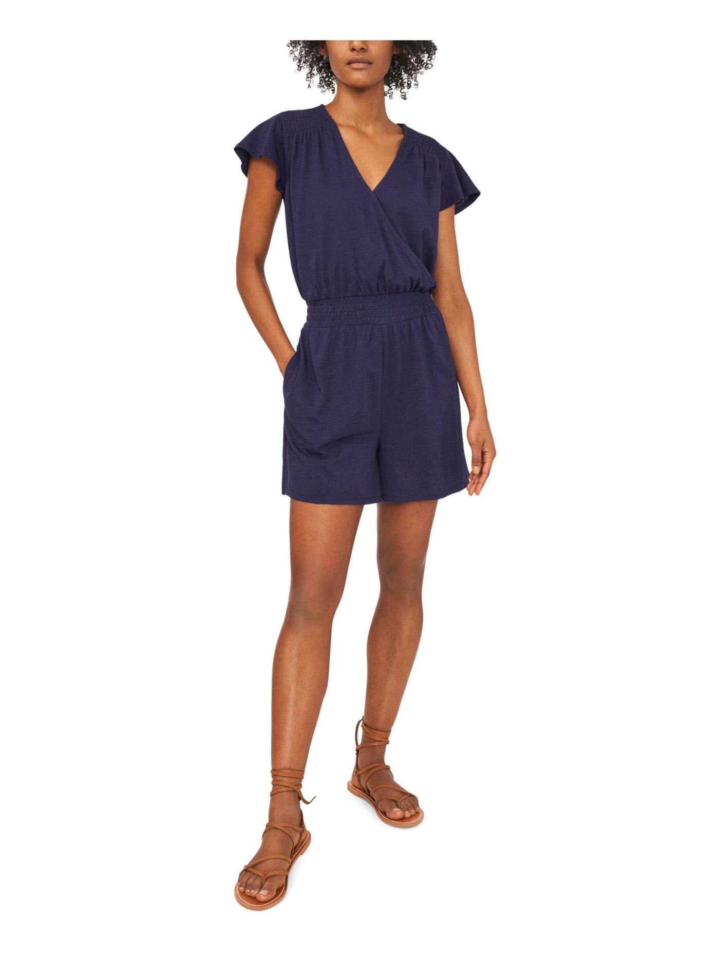 RILEY&RAE Womens Navy Pocketed Flutter Sleeve Surplice Neckline Romper XS