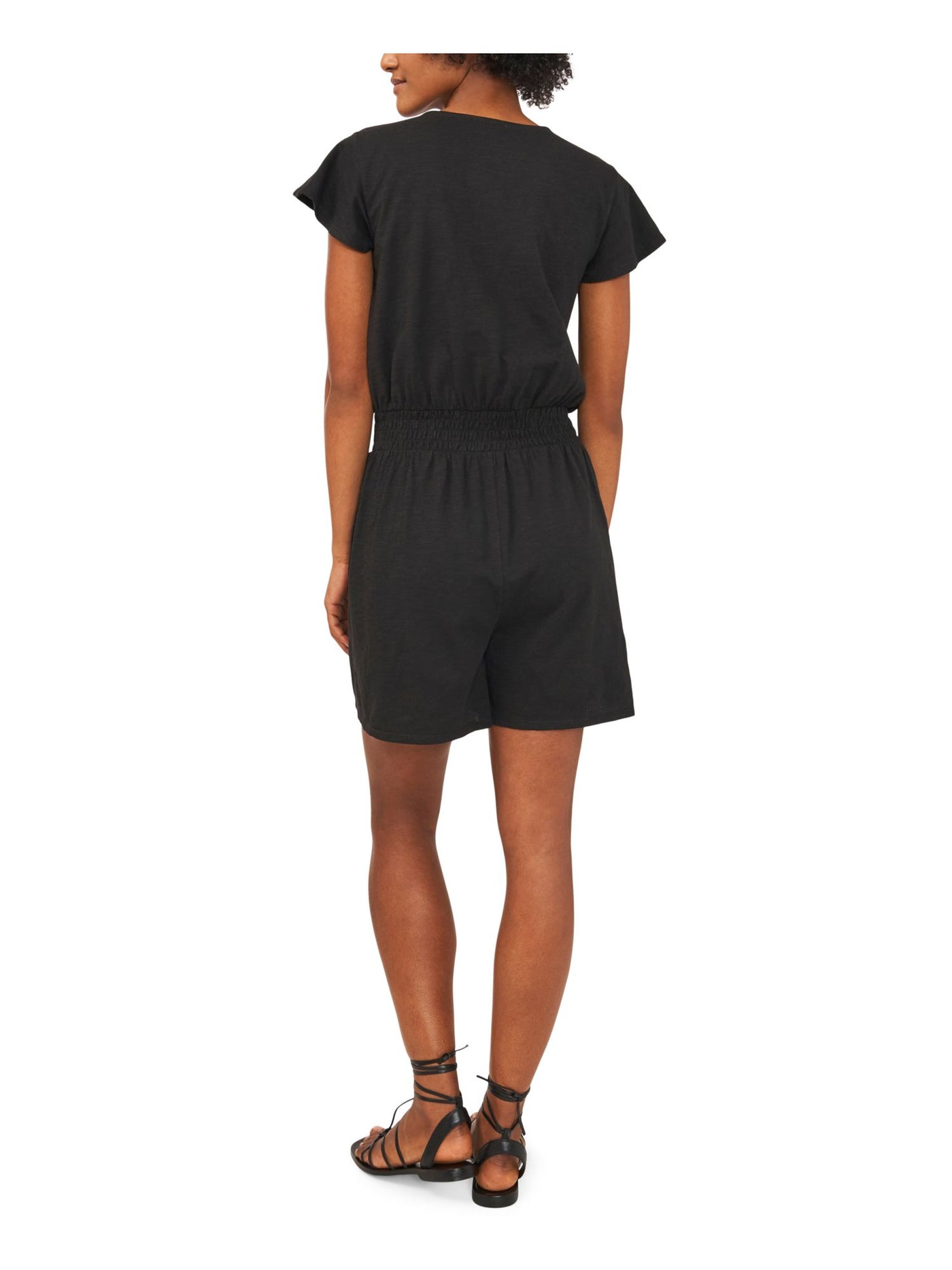 RILEY&RAE Womens Black Pocketed Flutter Sleeve Surplice Neckline Romper L