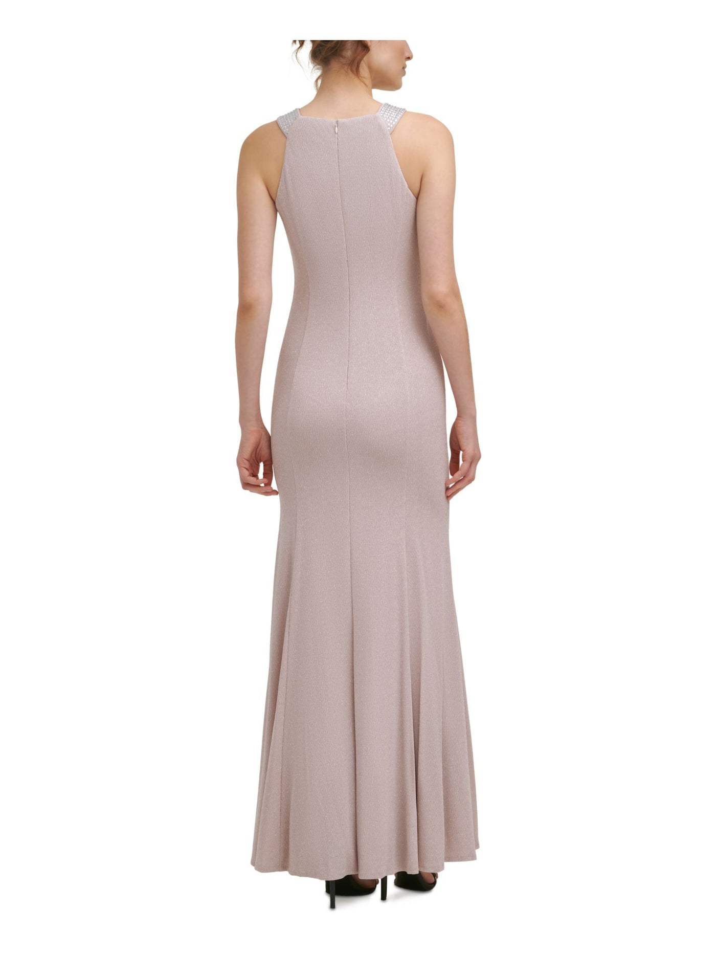 CALVIN KLEIN Womens Pink Stretch Zippered Embellished Halter Full-Length Evening Gown Dress 16
