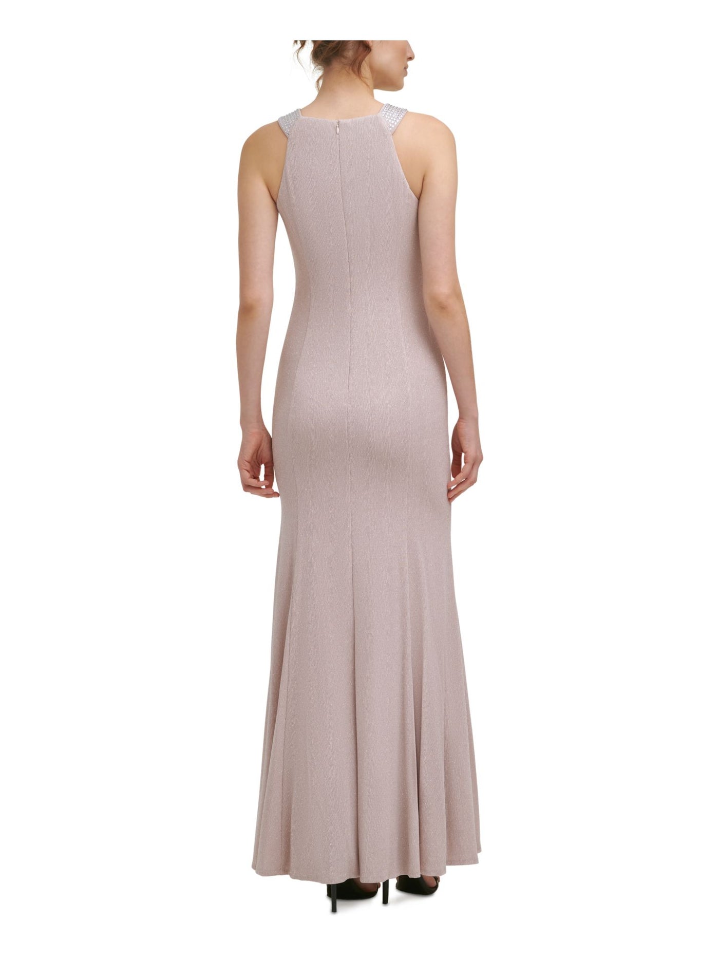 CALVIN KLEIN Womens Beige Stretch Zippered Embellished Halter Full-Length Evening Gown Dress 8